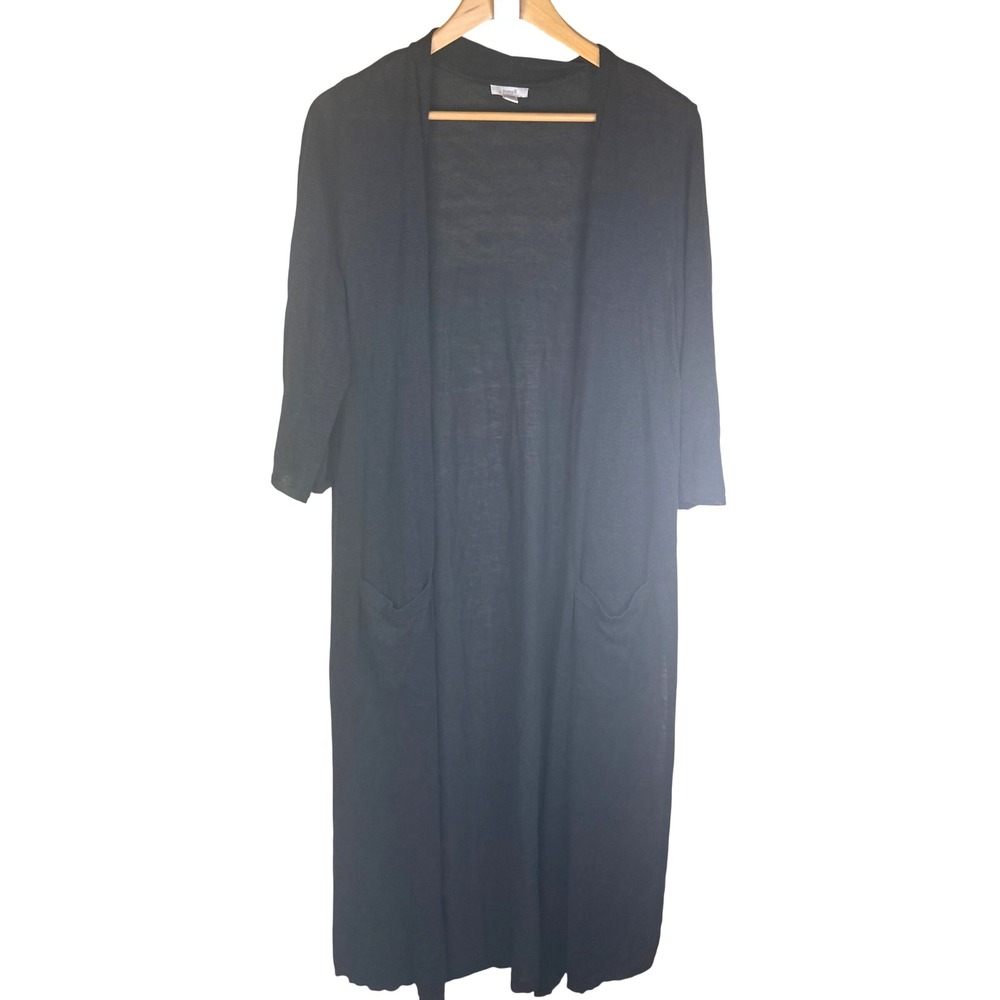 Pure Jill Black Linen Blend Duster Cardigan Open Front 3/4 Sleeve Pockets Med